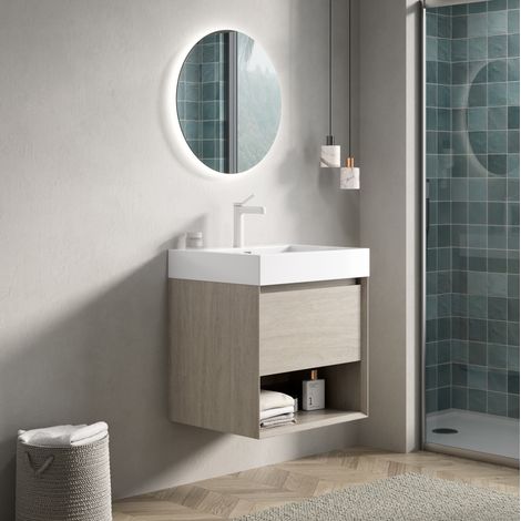 Mueble lavabo suspendido 55 cm con lavabo de resina, cajón y estante roble claro OKMYHOME (1/5)