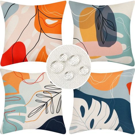 Lot de 4 housses de coussin 45x45 cm, motif feuilles abstraites bohèmes, pour extérieur (1/5)