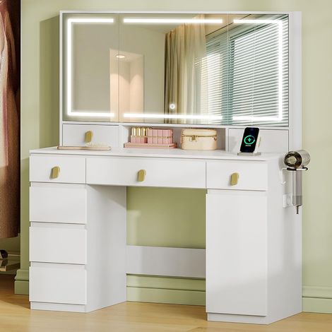 Coiffeuse avec miroir HD 105x51,5cm – Éclairage LED tricolore réglable – Rangement 8 tiroirs et support pour sèche-cheveux (1/5)