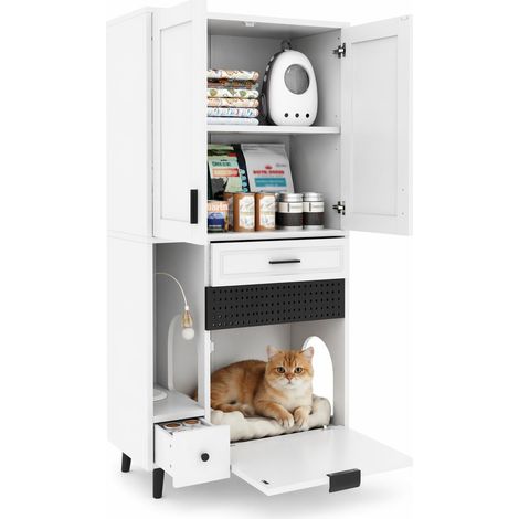 Armoire de rangement pour chats avec étagères réglables, tiroirs, niche de repos et passages latéraux, meuble stable en panneau de particules blanc – CHICFURN (1/5)