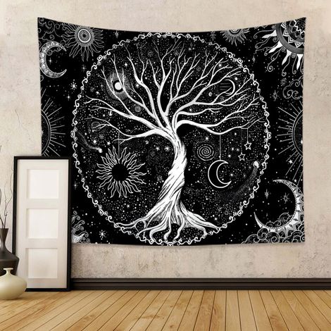 Arbre de Vie Tapisserie Lune et Soleil Tenture Psychédélique Mandala Étoilé Hippie Décoration Murale pour Chambre Dortoir 148x200 cm Noir (1/5)