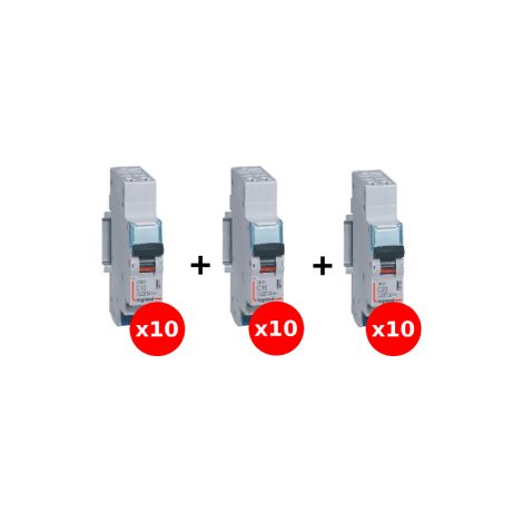 LEGRAND - LOT de 30 disjoncteurs DNX3 : 10A x10, 16A x10, 20A x10 - Bornes auto/auto - Ru00e9f : 406782 / 406783 / 406784 (1/4)