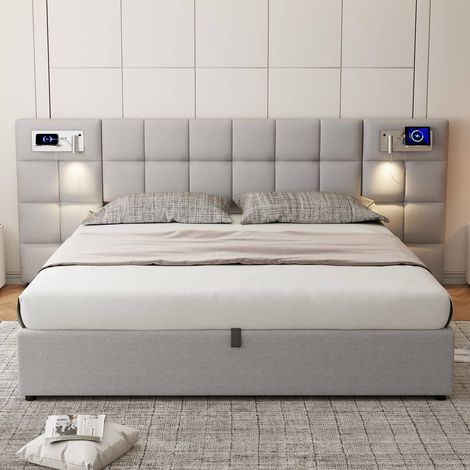 Lit coffre 180x200 cm avec sommier à lattes, rangement hydraulique, port USB, chargeur sans fil et éclairage intégré, lin gris (1/5)