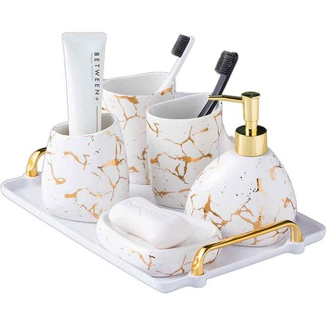 Ensemble 6 pièces céramique blanche effet marbre doré – distributeur, brosse à dents, gobelet, porte-savon, etc. (1/5)