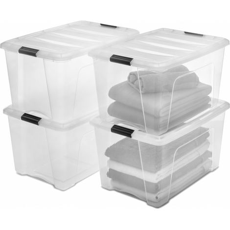 Iris Ohyama Aufbewahrungsboxen mit Deckel, 45L, 4er-Set, Transparent, Sicherer Verschluss, Stapelbar, Griffe, Schlafzimmer, Schrank, Büro, Organisation, BPA-freies Plastik, Ordnungsboxen, DDNTB-45 (1/5)