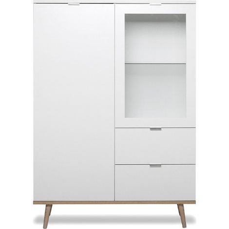 Vaisselier blanc et chêne sonoma avec 2 portes vitrées et 2 tiroirs H140 cm – Panneaux de particules et pieds en bois massif (1/6)