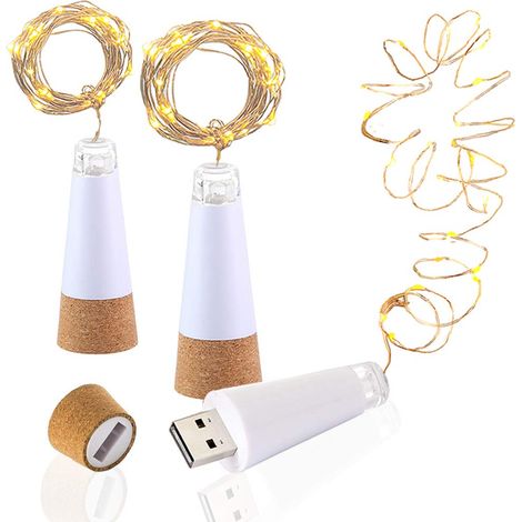 LED Bouchon lumineux pour bouteille, rechargeables en USB, 1,9 m 20 LED, Cuivre Fil, Lumières étincelantes pour DIY, Cuisine, Mariage, Halloween, Noël, Décor de Partie Blanche chaude 3 Pièces (1/5)