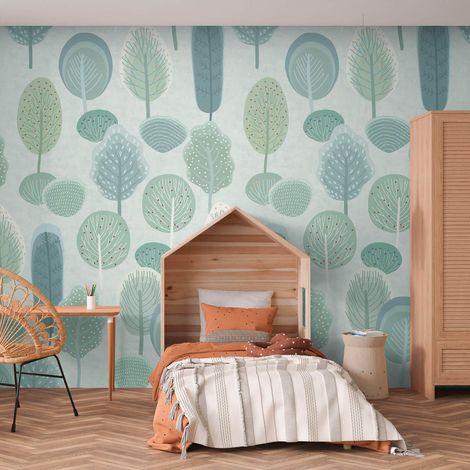 Fototapete Profhome 770711 Vliestapete glatt Kindertapete matt grün braun-grau minz-grün weiß 1,59 m x 2,8 m