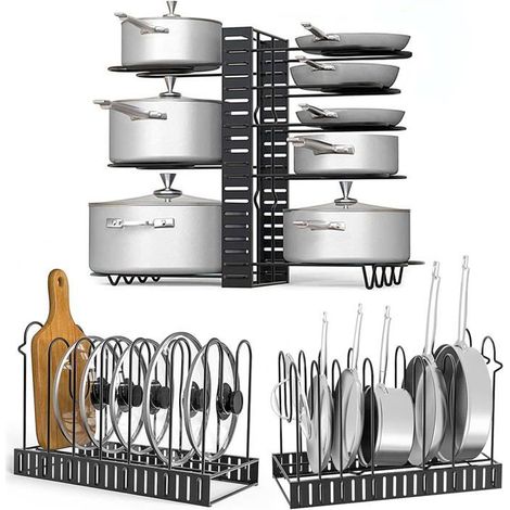 Étagère à casseroles et poêles 1 unité Acier inoxydable 8 compartiments réglables Organisation de la cuisine (1/5)