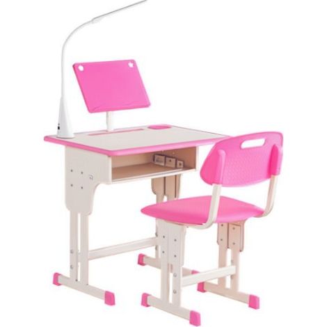 Ensemble bureau et chaise réglables en hauteur pour enfants de 6 à 12 ans. Ce bureau comprend une lampe, un tiroir, un crochet, un porte-stylo et un pupitre. Fabriqué en acier et MDF, il est disponibl