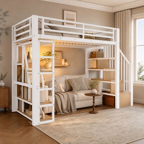 Letto soppalco 90x200 cm metallo/MDF bianco con LED e contenitore, senza materasso – MEUBLIV (1/5)