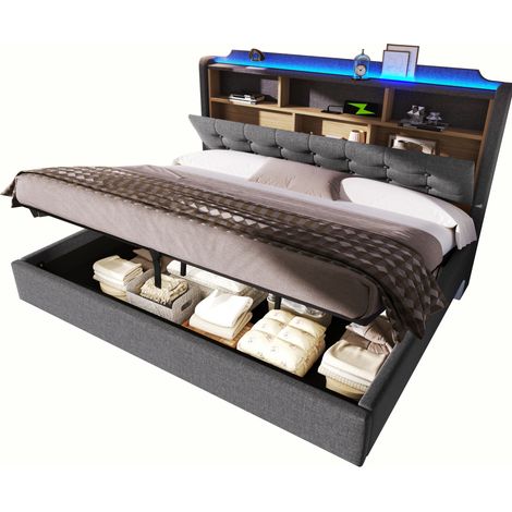 CHICFURN Cama tapizada 180x200 cm con LED multicolor, almacenaje hidráulico, cabecero flotante con USB y USB-C, tela gris para dormitorio moderno (1/5)