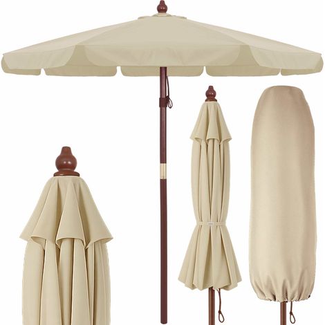 KINGSLEEVE® 3.3m Wooden Parasol with UV Protection 80+ and Protective Cover Large 330cm Round Garden Patio Sun Umbrella Water-Repellent Windproof Cable Pull Cream (1/5)