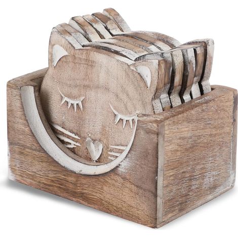 Ensemble de 6 sous-verres en bois faits à la main avec support pour café, thé, tasses et verres à vin. (1/4)