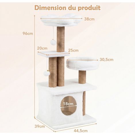 Arbre à chat beige 96 cm en peluche avec perchoir fleuri rembourré, niche, couchage et griffoirs en jute pour intérieur et salon (1/5)