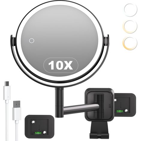Miroir Cosmétique Mural sans Perçage, Double Face 10X/1X Grossissement, 3 Couleurs et Luminosité Réglables, 360° Pivotant, Ventouse Forte, USB Rechargeable pour Salle de Bain (1/5)