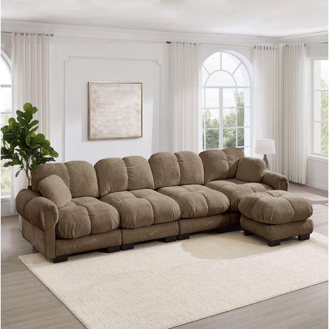 Divano angolare a L 4 posti in tessuto chenille marrone con pouf mobile OKWISH (1/5)