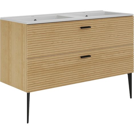 Meuble de salle de bain strié sur pieds avec vasque à encastrer - 2 tiroirs - Naturel clair - 120 cm - SARONE