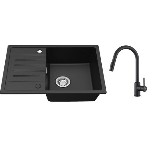 Lavello cucina con gocciolatoio Nero 65 x 45 cm Lavello incasso Due sensi di installazione + Miscelatore cucina con doccetta estraibile ruotabile a 360° Nero (1/5)