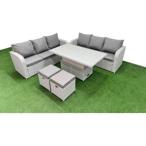 Fimous Outdoor Garden Furniture Sets 8 Seater Wicker Rattan Furniture Sofa Sets with Adjustable Lifting Dining or Coffee Table high Back Lounge Sofa Stools Light Grey (1/4)