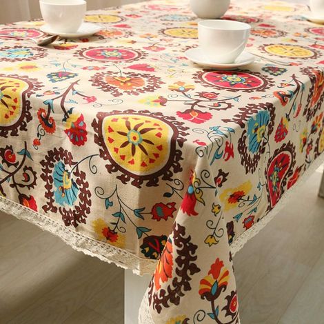 Mantel rectangular de estilo bohemio, estampado de girasoles, algodón, lino, encaje, lavable, para cocina, comedor, picnic, mantel oblongo, 137 x 228 cm (1/4)