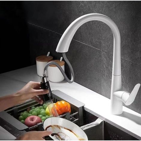 1 Robinet Mitigeur de Cuisine Extractible, Blanc, Rotation 360 Degrés, 2 Modes, Tuyau G3/8, Cuivre (1/5)