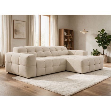 Canapé d'angle relax électrique en velours texturé beige FEDORA - (1/5)
