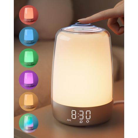 Réveil simulateur d'aube, lampe de lever de soleil pour enfants, mode répétition pour gros dormeurs, veilleuse tamisable, lampe tactile de chevet pour chambre, 6 couleurs RGB, 5 sons naturels, cadeau (1/5)