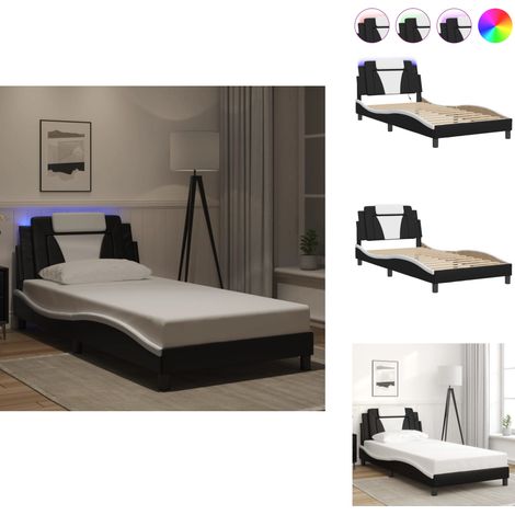 Bettgestell mit LED Schwarz und Weiß 100x200 cm Kunstleder - Bettsystem - Schlafzimmermöbel - Doppelbett - Boxspringbetten - Ledertaschenlampe (1/5)