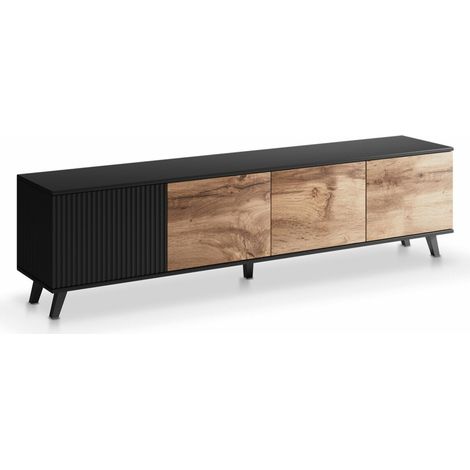 Mueble TV Luelia 114, Negro + Roble wotan, Número de puertas: 0, Número de cajones: 0, 200x52x40cm