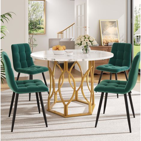 MEUBLIV Set table à manger ronde 100 cm avec 4 chaises velours vert foncé et pieds métal doré (1/5)