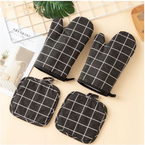Gants de Four, 1 Paire Gants de Cuisine Coton avec 2 Maniques Cuisine, Lavable Gant Cuisine Four, Gants de Cuisine Antidérapants, Gant Cuisine Anti Chaleur pour Barbecue, Cuisson (Noir) (1/5)
