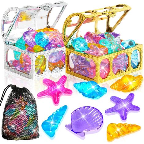 38 Pieces Pool Toys Set, 36 Diving Stones for Kids, Colorful Diving Stones, Different Crystal Stones with 2 Pirate Treasure Boxes, Mesh Bag for Boys and (1/5)