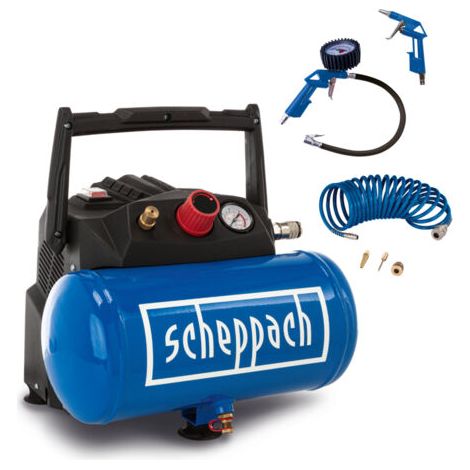 [JAMAIS UTILISÉ] Scheppach Compresseur d'air HC06 – 1200 W – Sans huile – 8 bar – Puissance d'aspiration 192 l/min – Compresseur d'air mobile et compact – Set d'accessoires (1/5)