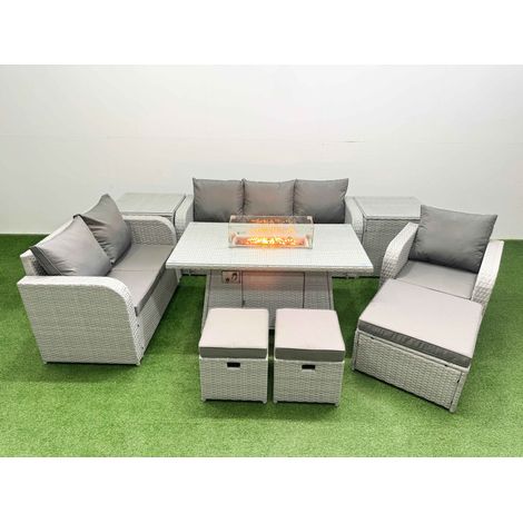 Fimous Patio PE Wicker 9 Seater Outdoor Rattan Furniture Sofa Sets with Firepit Dining Table Reclining Chair Loveseat Sofa 3 Seater Sofa Stool 2 Side Table Light Grey (1/4)