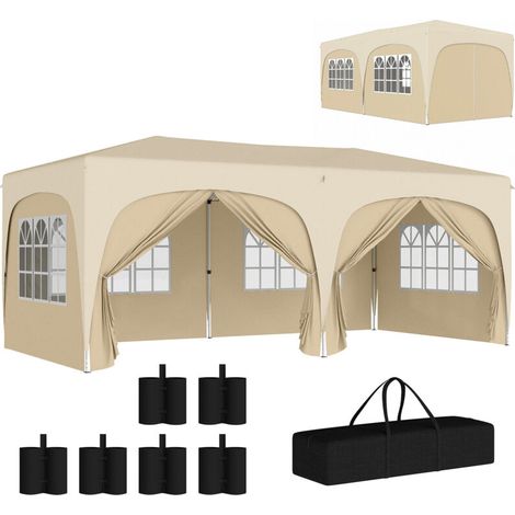 Tonnelle pliante 3 x 6m Pop Up, UPF50+ Hauteur ajustable, avec sac de transport et sacs de sable, Sable (1/5)