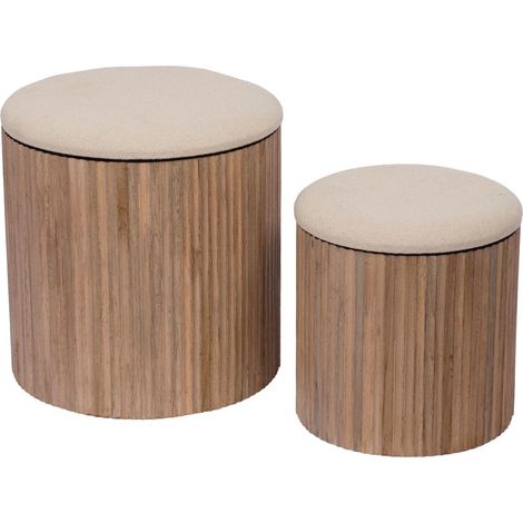 Amadeus - Lot de 2 tabourets ronds en teck et tissu camel Ø35 cm (1/3)