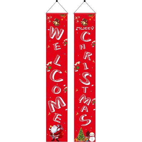 Bannière De Noël - 2 Pièces Pour Porte Extérieure - Motif Père Noël Et Bonhomme De Neige - Tissu Oxford - 180 X 30 Cm