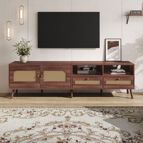 Armoire TV 200 x 37 x 49,5 cm pour TV 80 pouces avec 2 portes en rotin, 2 tiroirs, panneau bas de 8 pieds, centre de contrôle brun (1/5)