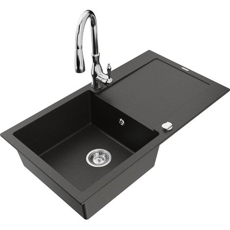 Mexen Leo lavello in granito a una vasca con sgocciolatoio e rubinetto da cucina Savita, nero/oro metallizzato (1/5)