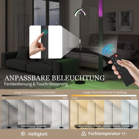 Lampadaire LED RGB orientable, intensité lumineuse réglable, éclairage multicolore, pied noir (1/4)