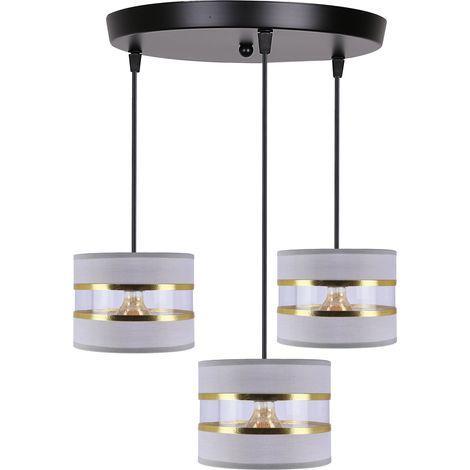 Suspension ronde noire, 3 abat-jour gris, doré E27 (1/2)