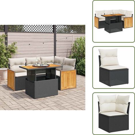 vidaXL Salon de jardin 5 pcs avec coussins noir résine tressée acacia (1/5)