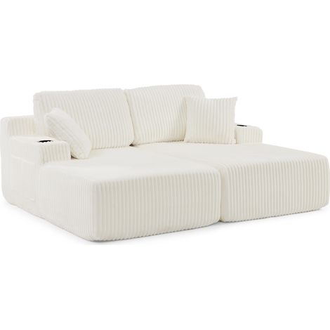 Canapé 2 places convertible en tissu velours côtelé beige avec porte-revues latéral et porte-gobelet (1/5)