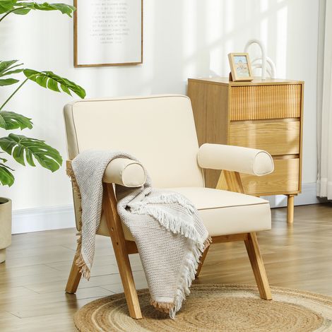 Sillón de Salón Tapizado en PU con Reposabrazos y Marco de Madera de Caucho para Dormitorio Carga 120 kg Crema (1/5)