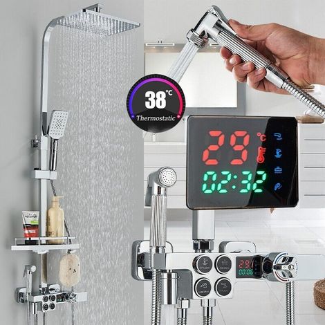 Thermostatic Mixer Showers, Square Thermostatic 38 °C Shower Mixer Set with LCD,Rainfall Shower Head, Handheld Shower,bidet,shelf, Adjustable Height Anti Scald Chrome Shower Set (1/2)