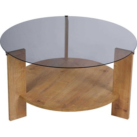 Table basse ronde 75x75x40 cm en verre fumé et décor chêne - NECO (1/4)