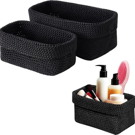 Confezione da 2 cestini portaoggetti, cestini da bagno all'uncinetto, 29x15x18,5 cm, neri, per asciugamani per ospiti, cucina, scaffali, pane (1/5)