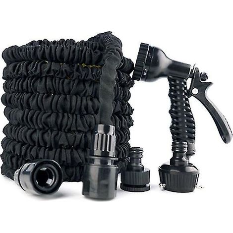 Tuyau d'arrosage avec pistolet à eau à 7 modes, pistolet à eau extensible, enrouleur de tuyau d'arrosage magique (7,5 m, noir) (1/5)