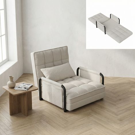 Poltrona letto singola convertibile 82x73x55 cm, chaise longue letto d’emergenza con schienale regolabile in 5 posizioni e cuscino, tessuto bouclé, design moderno, Bianco
